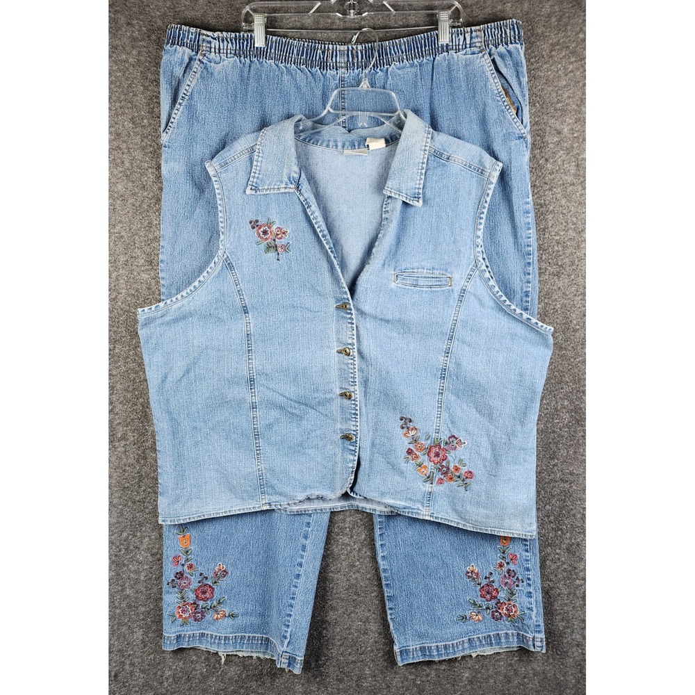 Erika Woman 2-Piece Set Womens 3X Blue Denim Vest Pants Floral Embroidery EUC
